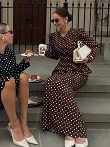 Siren Gaze Fall Winter Brown White Polka Dot Set Lace Trim Button Front Top Peplum Ruffle A-Line Blouse Flare Maxi Skirt Y2k Elegant Work Party Modest Halloween - Brown - View 13