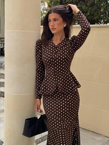 Siren Gaze Fall Winter Brown White Polka Dot Set Lace Trim Button Front Top Peplum Ruffle A-Line Blouse Flare Maxi Skirt Y2k Elegant Work Party Modest Halloween - Brown - View 15