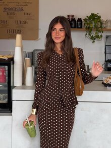 Siren Gaze Fall Winter Brown White Polka Dot Set Lace Trim Button Front Top Peplum Ruffle A-Line Blouse Flare Maxi Skirt Y2k Elegant Work Party Modest Halloween - Brown - View 10