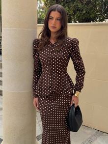 Siren Gaze Fall Winter Brown White Polka Dot Set Lace Trim Button Front Top Peplum Ruffle A-Line Blouse Flare Maxi Skirt Y2k Elegant Work Party Modest Halloween - Brown - View 12
