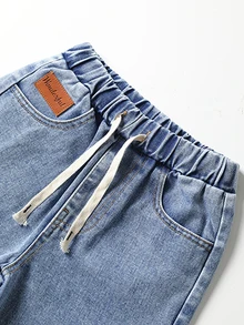 SHEIN Mirajuku 男童牛仔褲 秋季棉質百搭時尚牛仔休閒舒適寬鬆款，彈性腰帶抽繩設計，適合四季穿著，嬰兒藍 - 淺色水洗藍 - 查看 6