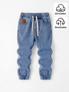 SHEIN Mirajuku 男童牛仔褲 秋季棉質百搭時尚牛仔休閒舒適寬鬆款，彈性腰帶抽繩設計，適合四季穿著，嬰兒藍 - 淺色水洗藍 - 查看 3