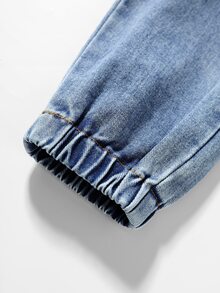 SHEIN Mirajuku 男童牛仔褲 秋季棉質百搭時尚牛仔休閒舒適寬鬆款，彈性腰帶抽繩設計，適合四季穿著，嬰兒藍 - 淺色水洗藍 - 查看 5
