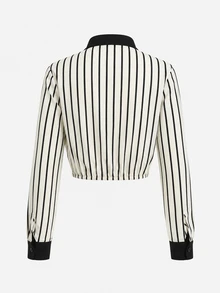 Balvessa Women's French Collar Black & White Vertical Striped V-Neck Contrast Color Commute Long Sleeve Blouse - Black and White - View 7