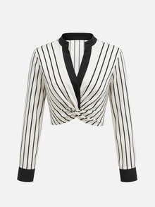 Balvessa Women's French Collar Black & White Vertical Striped V-Neck Contrast Color Commute Long Sleeve Blouse - Black and White - View 6