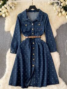 GlowEve Women's All-Over Print Lapel Collar Long Sleeve Button Front Belted A-Line Party Elegant Denim Dress Fall Winter Casual Flower Pocket Front Blue - Blue - View 1