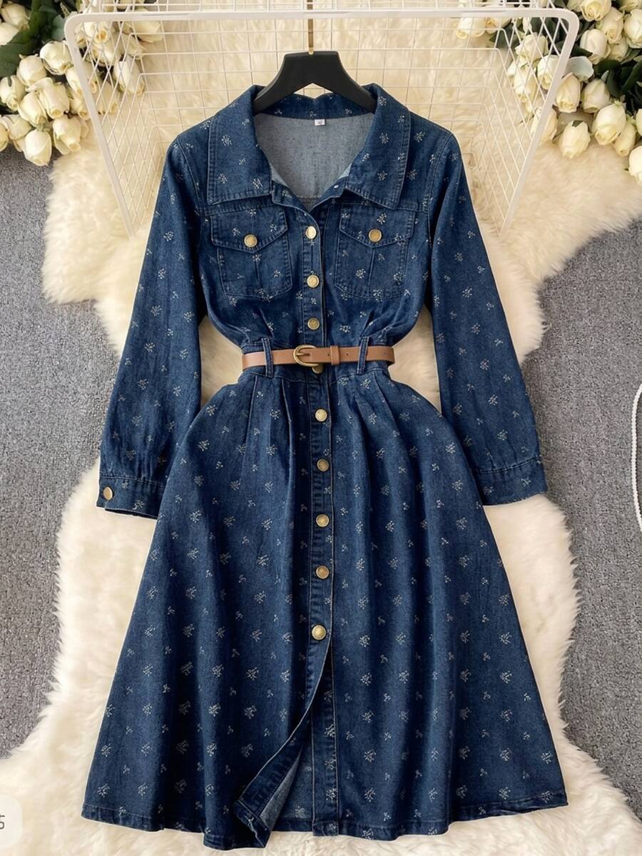 GlowEve Women's All-Over Print Lapel Collar Long Sleeve Button Front Belted A-Line Party Elegant Denim Dress Fall Winter Casual Flower Pocket Front Blue - Blue - View 1