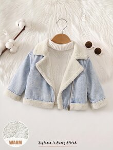 Cozy Pixies Baby Girl Teddy Lined Zip Up Moto Autumn Winter Jacket - Blue - View 6