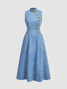 LUMIGAL Gaun Denim Kasual Wanita untuk Sehari-hari di Musim Panas dengan Saku dan Lipatan - Biru - View 8