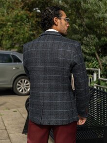 YOUESAWY YOUESAWY بليزر كاجوال رجالي كلاسيكي بنمط مربعات رجعي للتنقل اليومي - أزرق غامق - مشاهدة 3