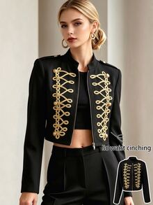 SHEIN New Autumn/Winter Black Long Sleeve Napoleon Style Jacket With Gold Braided Rope And Gold Button Decor, Suitable For Outdoor Occasions - Black - View 2
