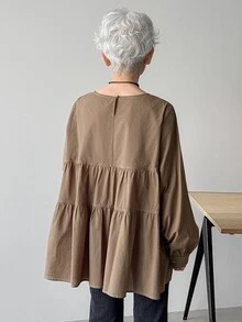 FRIFUL Women's Cotton Pleated Round Neck Long Sleeve Loose Casual Versatile Blouse, Suitable For Spring And Summer - Grey - View 1