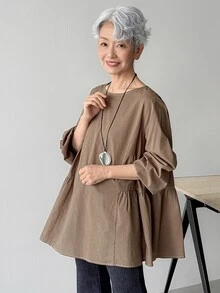 FRIFUL Women's Cotton Pleated Round Neck Long Sleeve Loose Casual Versatile Blouse, Suitable For Spring And Summer - Grey - View 7