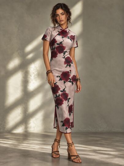 SHEIN LUNE Women's Dusty Pink Elegant Summer Party Dress,Chinese Cheongsam Qipao Style Floral Rose Print Maxi Gown,Sleeveless Stand-Collar Wedding Guest Outfits