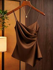 Calvaya Satin Draped Neck Camisole Top, Acid Wash Texture, Ruched Waist, Flattering Fit, Elegant Summer Wear For Women - Coffee Brown - View 3