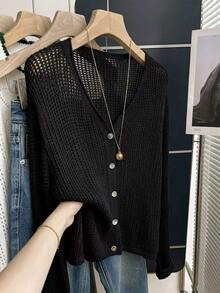 Calvaya Casual Loose V-Neck Long Sleeve Hollow Knit Button Design Apricot Cardigan For Women, Spring/Summer - Black - View 3