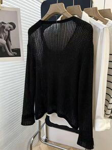 Calvaya Casual Loose V-Neck Long Sleeve Hollow Knit Button Design Apricot Cardigan For Women, Spring/Summer - Black - View 2