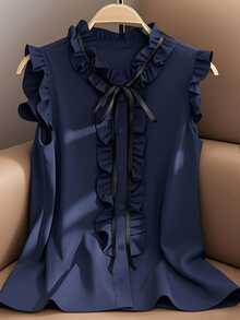 Franclia Ruffle Hem Sleeveless Casual Loose Shirt, Elegant Women's Blouse, Red Woven Top, Summer Wear - Navy Blue - View 3