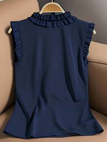 Franclia Ruffle Hem Sleeveless Casual Loose Shirt, Elegant Women's Blouse, Red Woven Top, Summer Wear - Navy Blue - View 2