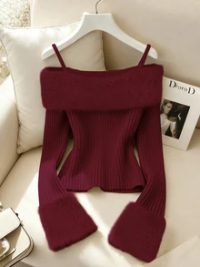 SHEIN LUNE New Vintage Sexy Chic High-End Furry Collar Off Shoulder Women Sweater Pullover, Autumn/Winter - Burgundy - View 9