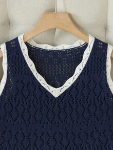 SHEIN LOWKISHA 秋季極簡法式休閒復古老錢風慵懶度假風海軍藍滾邊波浪領鏤空性感細肩帶修身針織背心女款2件套 - 藏蓝色 - 查看 6