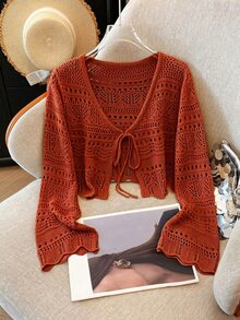Franclia 新款純色鏤空鉤編防曬開襟衫 女款百搭針織外套 焦橙色 秋季波希米亞浪漫風 感恩節度假穿搭 - 紅色 - 查看 8