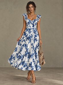 SHEIN Franclia 女士蓝白碎花荷叶袖优雅连衣裙；是夏季度假、春夏出游和假日旅行的理想之选；这款浪漫的A字长裙饰有精致的荷叶袖，尽显永恒优雅；完美打造时尚夏季度假装扮、春夏造型和女士度假造型，融合女性魅力与轻松优雅，是任何度假衣橱的必备单品。 - 藍白色 - 查看 1