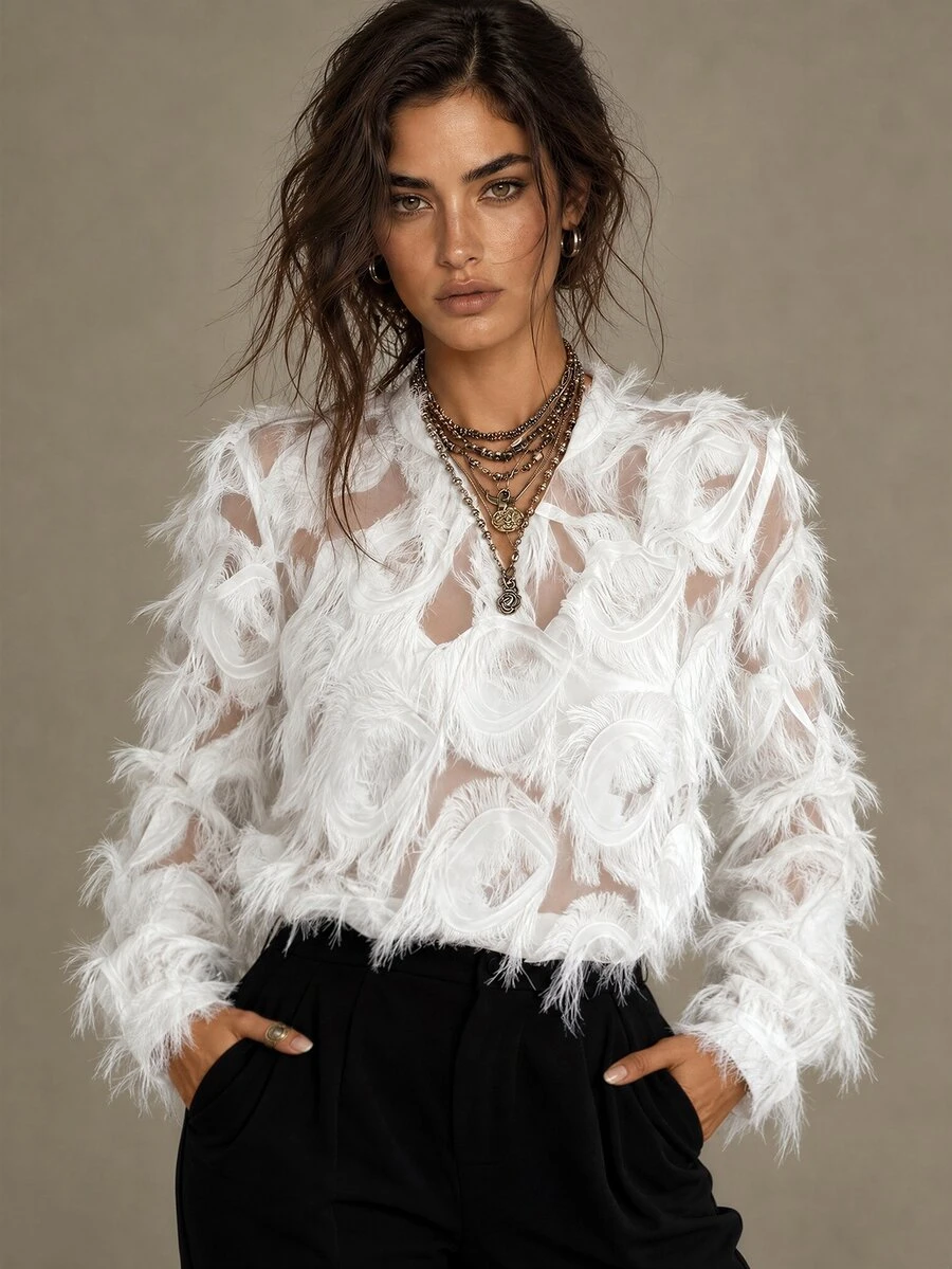 Calvaya Women's Fashionable Black Fluffy Long Sleeve Shirt - White - View 1