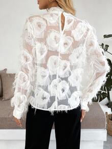 Calvaya Women's Fashionable Black Fluffy Long Sleeve Shirt - White - View 2