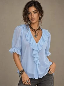 Calvaya Solid Color V-Neck Ruffle Puff Sleeve Casual Shirt Clothes For University - Blue - View 1