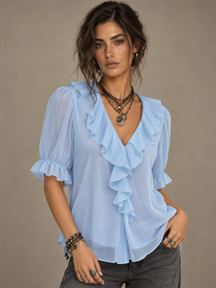 Calvaya Solid Color V-Neck Ruffle Puff Sleeve Casual Shirt Clothes For University - Blue - View 1