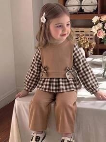 SHEIN 女嬰幼兒女童棕色拼色格紋針織長袖蝴蝶結T恤上衣與羅紋長褲2件套休閒日常穿著 - 卡其色 - 查看 2