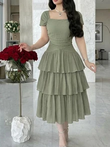 Feyla New Arrival French Style Off-Shoulder Ruffle Hem Maxi Dress, Elegant Elegant Romantic Luxury Resort Party Gown Sage Green Summer - Gray green - View 3