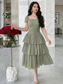 Feyla New Arrival French Style Off-Shoulder Ruffle Hem Maxi Dress, Elegant Elegant Romantic Luxury Resort Party Gown Sage Green Summer - Gray green - View 2