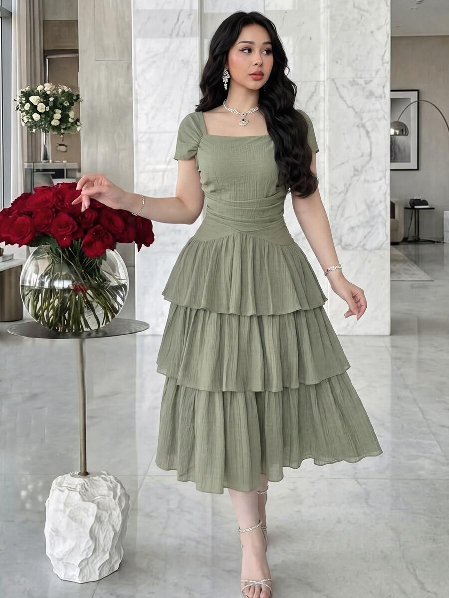 Feyla New Arrival French Style Off-Shoulder Ruffle Hem Maxi Dress, Elegant Elegant Romantic Luxury Resort Party Gown Sage Green Summer