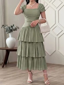 Feyla New Arrival French Style Off-Shoulder Ruffle Hem Maxi Dress, Elegant Elegant Romantic Luxury Resort Party Gown Sage Green Summer - Gray green - View 6