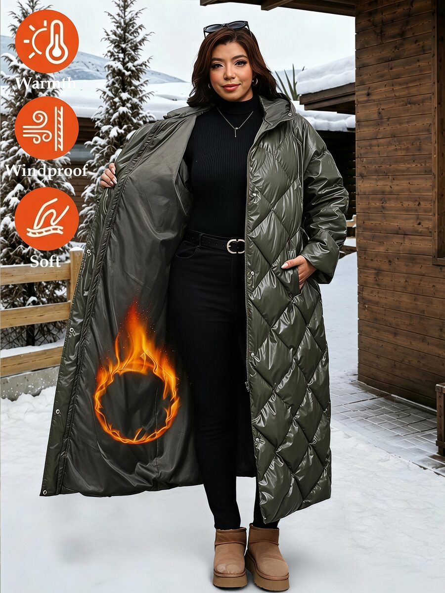 SHEIN Clasi Plus Size Fashion Button Pocket Long Sleeve Hooded Padded ...