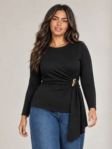 ELLERISSA Plus Size Black Round Neck Long Sleeve Twisted Jersey Top With Gold Tone Hardware And Asymmetric Hem - Black - View 6