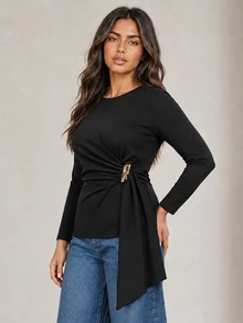 ELLERISSA Plus Size Black Round Neck Long Sleeve Twisted Jersey Top With Gold Tone Hardware And Asymmetric Hem - Black - View 3