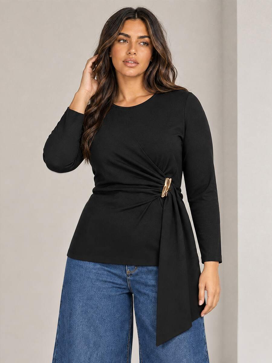 ELLERISSA Plus Size Black Round Neck Long Sleeve Twisted Jersey Top With Gold Tone Hardware And Asymmetric Hem - Black - View 1