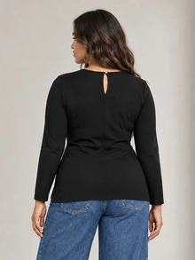 ELLERISSA Plus Size Black Round Neck Long Sleeve Twisted Jersey Top With Gold Tone Hardware And Asymmetric Hem - Black - View 2