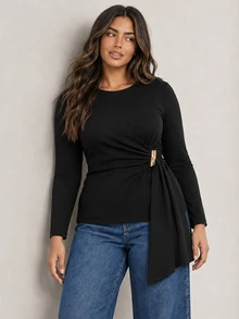 ELLERISSA Plus Size Black Round Neck Long Sleeve Twisted Jersey Top With Gold Tone Hardware And Asymmetric Hem - Black - View 5