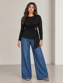 ELLERISSA Plus Size Black Round Neck Long Sleeve Twisted Jersey Top With Gold Tone Hardware And Asymmetric Hem - Black - View 4