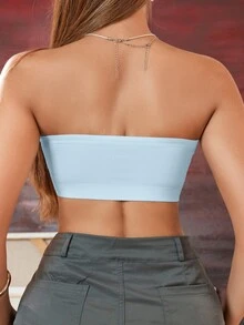 SHEIN 女款無肩帶平口內衣，無縫無墊平滑背部無鋼圈日常穿搭抹胸內衣 - 藍色 - 查看 2