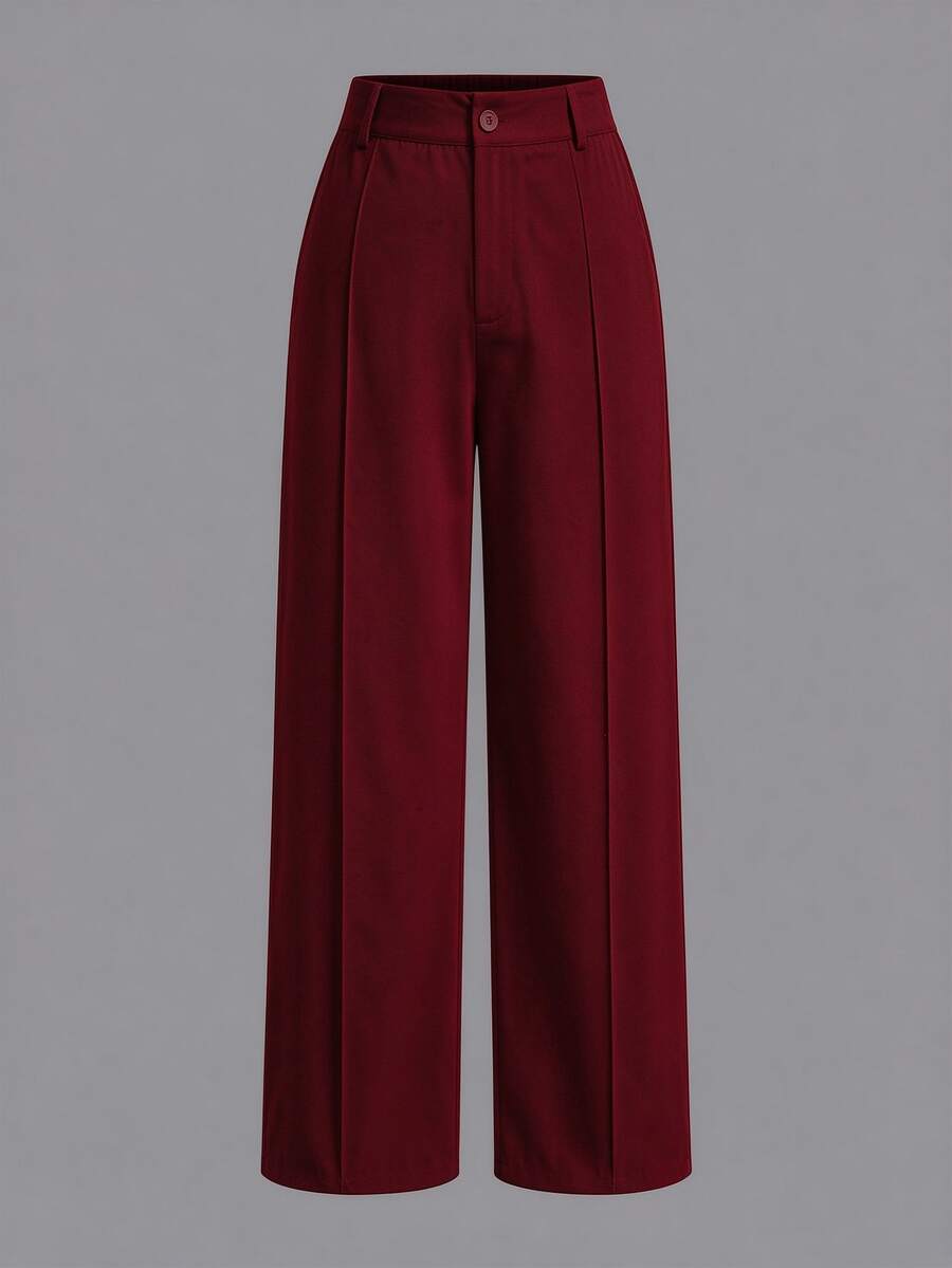 Sweetra CURVE 女款直筒寬腿闊腿長褲，休閒寬鬆百褶長褲，適合辦公/通勤，春夏秋季女裝 - 酒紅色 - 查看 1