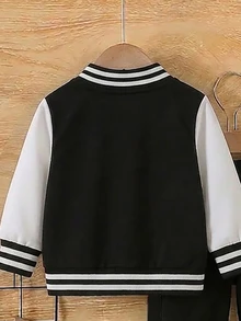 2pcs Baby Boys Jacket Set Sporty Black White Colorblock Letter Print Long Sleeve Hooded Loose Fall Back To School School Autumn Winter - Multicolor - View 6