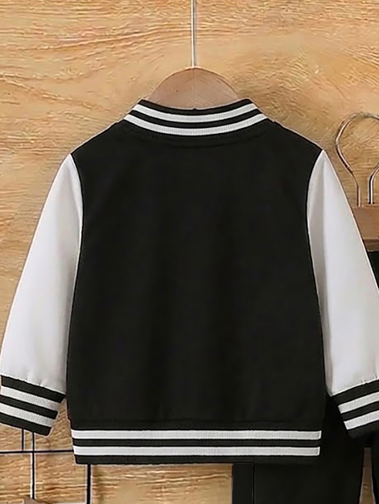2pcs Baby Boys Jacket Set Sporty Black White Colorblock Letter Print Long Sleeve Hooded Loose Fall Back To School School Autumn Winter - Multicolor - View 6