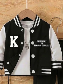 2pcs Baby Boys Jacket Set Sporty Black White Colorblock Letter Print Long Sleeve Hooded Loose Fall Back To School School Autumn Winter - Multicolor - View 4