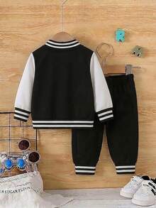 2pcs Baby Boys Jacket Set Sporty Black White Colorblock Letter Print Long Sleeve Hooded Loose Fall Back To School School Autumn Winter - Multicolor - View 2