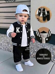 2pcs Baby Boys Jacket Set Sporty Black White Colorblock Letter Print Long Sleeve Hooded Loose Fall Back To School School Autumn Winter - Multicolor - View 7